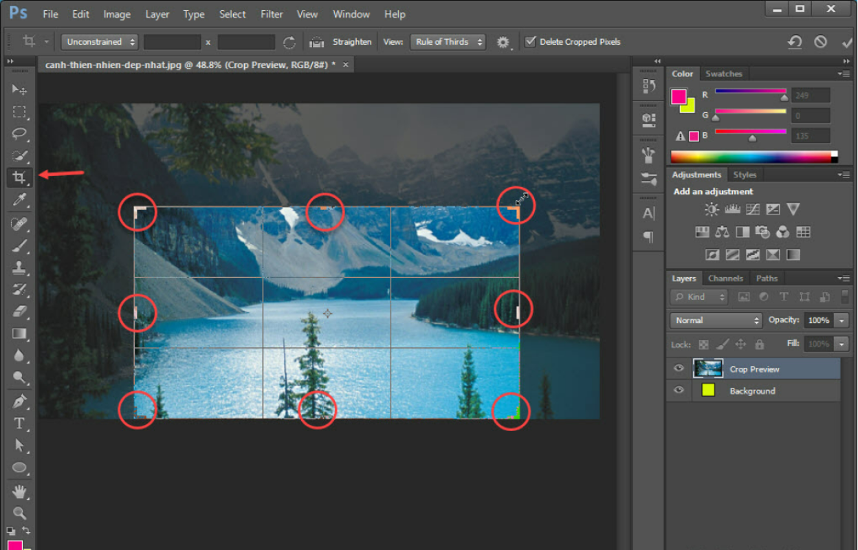 Để cắt ảnh ấn vào biểu tượng Crop tool ở thanh công cụ rồi chọn vùng ảnh cần cắt sau đó ấn Enter 
