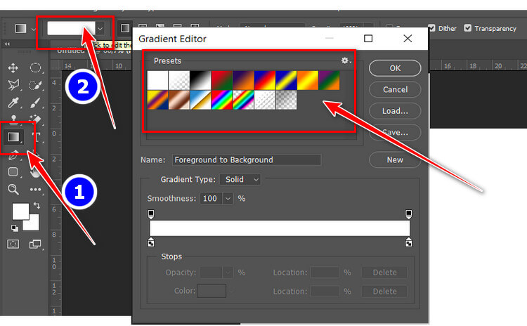 Gradient editor được sử dụng để chọn lựa dãy màu trong Photoshop