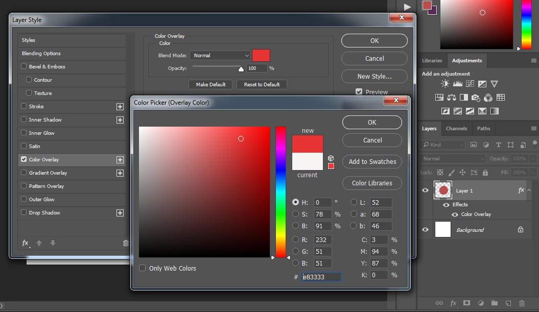 Bấm vào mục Color Overlay và chọn màu trong hộp thoại Color Picker